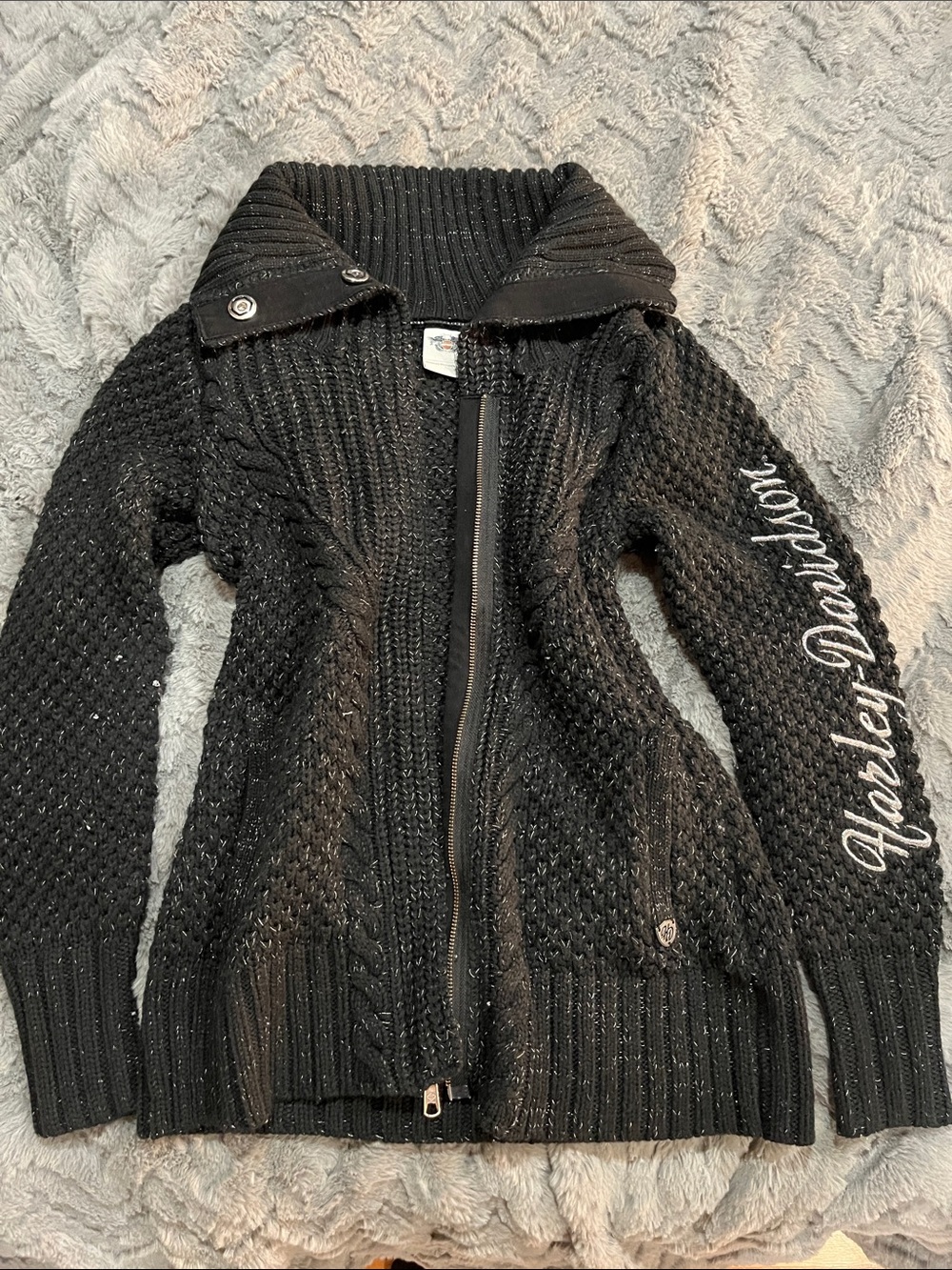 Harley-Davidson Black Knit Zip Sweater with Script Sleeve